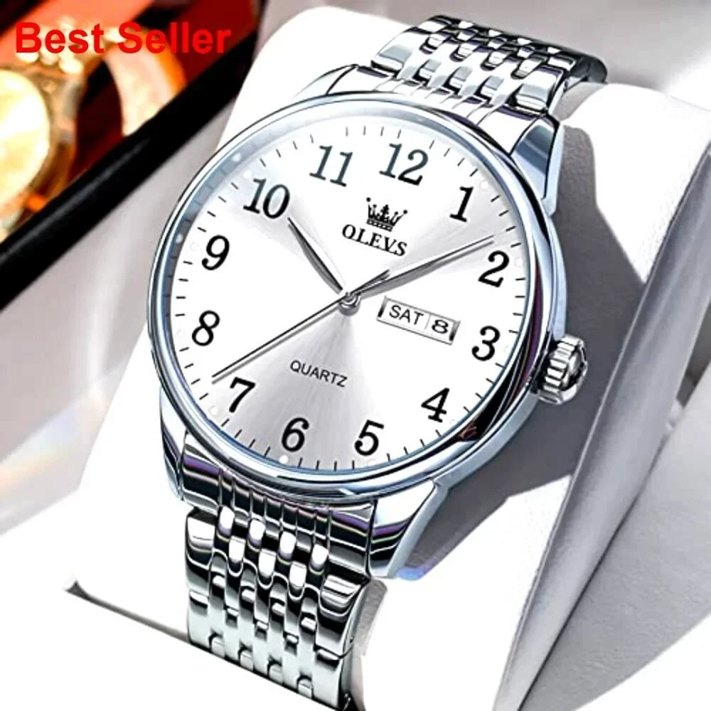 Stainless Steel Men's Dress Watch with Day Date Analog Quartz Waterproof